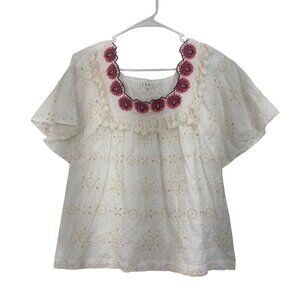 THML Cream Eyelet Short Sleeve Top With Embroidered Neckline Womens SZ M Cotton